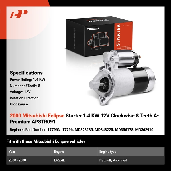 2000 Mitsubishi Eclipse Starter 1.4 KW 12V Clockwise 8 Teeth A-Premium APSTR091