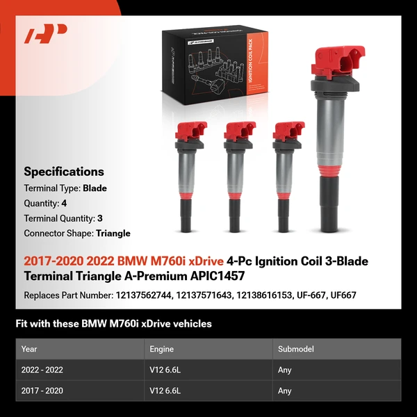 2017-2020 2022 BMW M760i xDrive 4-Pc Ignition Coil 3-Blade Terminal Triangle A-Premium APIC1457