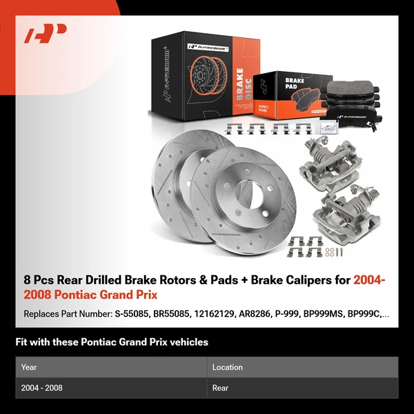8 Pcs Rear Drilled Brake Rotors & Pads + Brake Calipers for 2004-2008 Pontiac Grand Prix