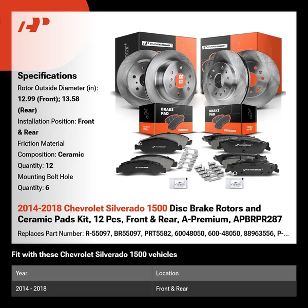 2014-2018 Chevrolet Silverado 1500 Disc Brake Rotors and Ceramic Pads Kit, 12 Pcs, Front & Rear, A-Premium, APBRPR287