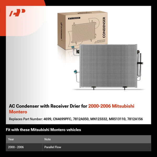 AC Condenser with Receiver Drier for 2000-2006 Mitsubishi Montero