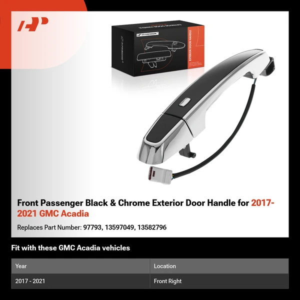 Front Passenger Black & Chrome Exterior Door Handle for 2017-2021 GMC Acadia