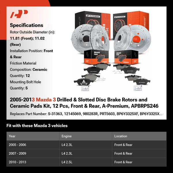 2005-2013 Mazda 3 Drilled & Slotted Disc Brake Rotors and Ceramic Pads Kit, 12 Pcs, Front & Rear, A-Premium, APBRPS246