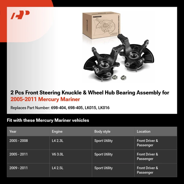 2 Pcs Front Steering Knuckle & Wheel Hub Bearing Assembly for 2005-2011 Mercury Mariner