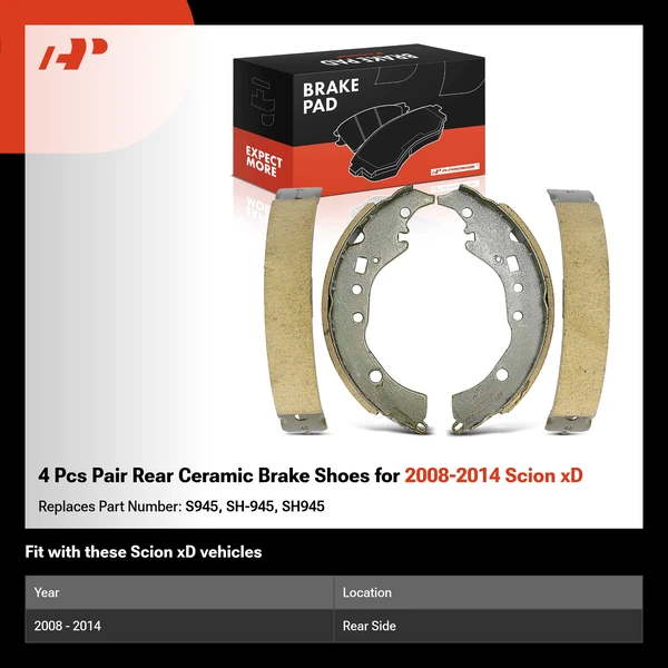 4 Pcs Pair Rear Ceramic Brake Shoes for 2008-2014 Scion xD