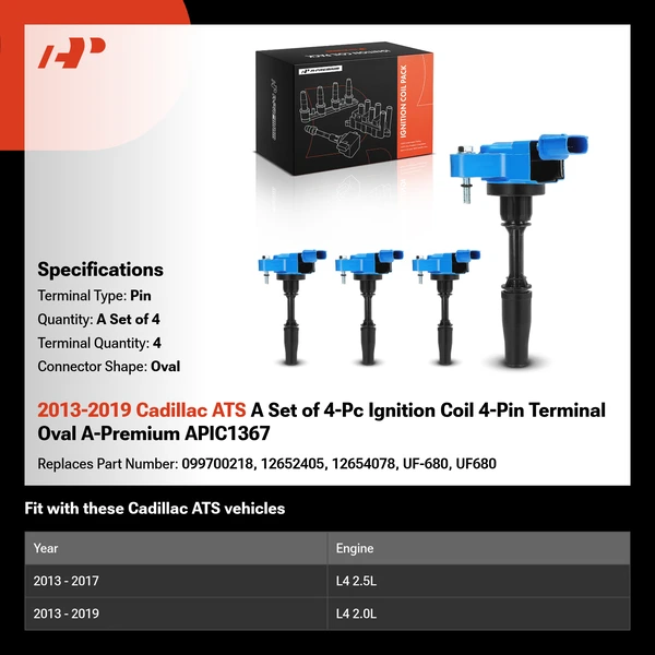 2013-2019 Cadillac ATS A Set of 4-Pc Ignition Coil 4-Pin Terminal Oval A-Premium APIC1367