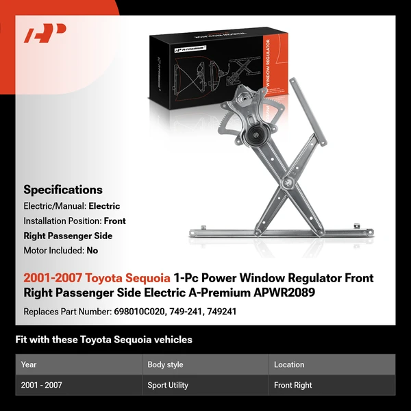 2001-2007 Toyota Sequoia 1-Pc Power Window Regulator Front Right Passenger Side Electric A-Premium APWR2089