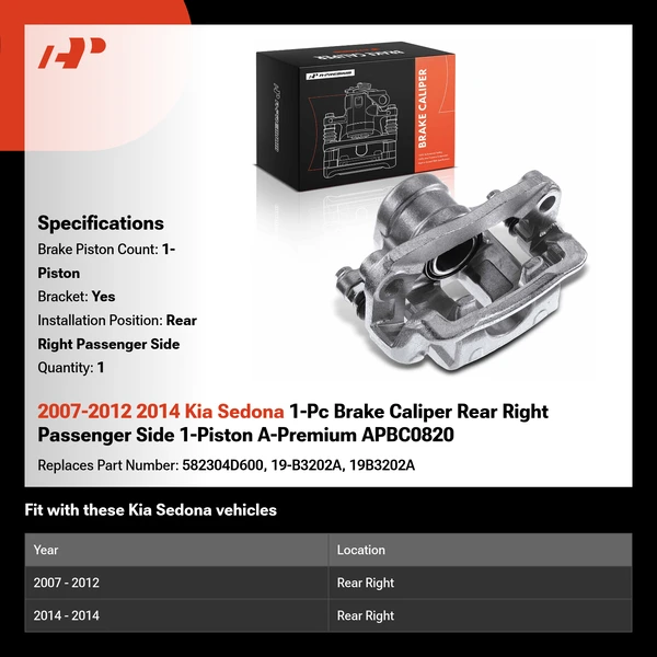 2007-2012 2014 Kia Sedona 1-Pc Brake Caliper Rear Right Passenger Side 1-Piston A-Premium APBC0820