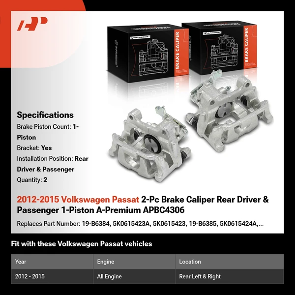 2012-2015 Volkswagen Passat 2-Pc Brake Caliper Rear Driver & Passenger 1-Piston A-Premium APBC4306