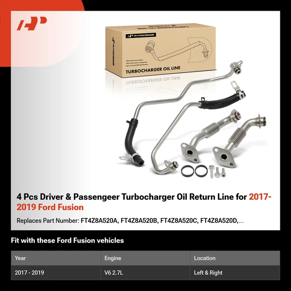 4 Pcs Driver & Passengeer Turbocharger Oil Return Line for 2017-2019 Ford Fusion