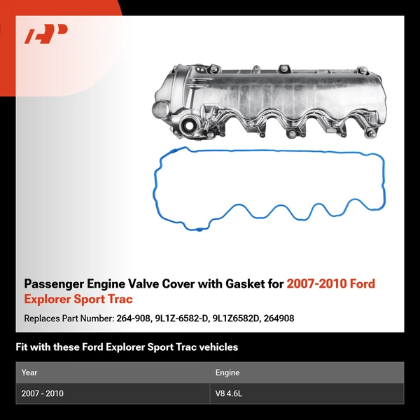 Passenger Engine Valve Cover with Gasket for 2007-2010 Ford Explorer Sport Trac