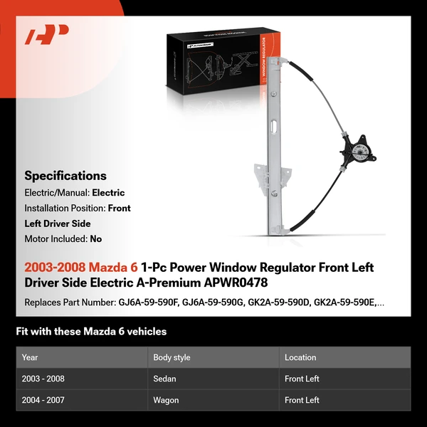 2003-2008 Mazda 6 1-Pc Power Window Regulator Front Left Driver Side Electric A-Premium APWR0478