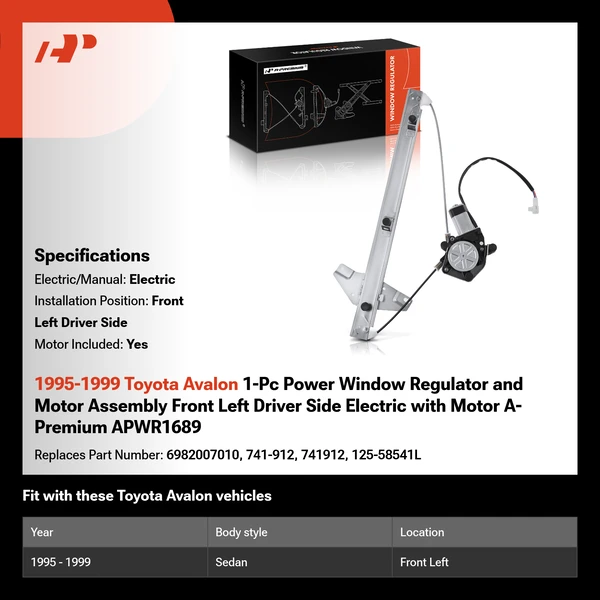 1995-1999 Toyota Avalon 1-Pc Power Window Regulator and Motor Assembly Front Left Driver Side Electric with Motor A-Premium APWR1689