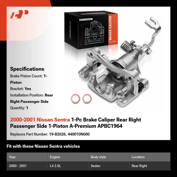 2000-2001 Nissan Sentra 1-Pc Brake Caliper Rear Right Passenger Side 1-Piston A-Premium APBC1964