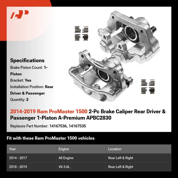 2014-2019 Ram ProMaster 1500 2-Pc Brake Caliper Rear Driver & Passenger 1-Piston A-Premium APBC2830