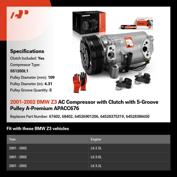 2001-2002 BMW Z3 AC Compressor with Clutch with 5-Groove Pulley A-Premium APACC676