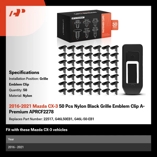 2016-2021 Mazda CX-3 50 Pcs Nylon Black Grille Emblem Clip A-Premium APRCF2278
