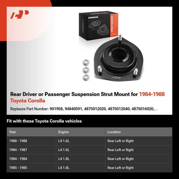 Rear Driver or Passenger Suspension Strut Mount for 1984-1988 Toyota Corolla