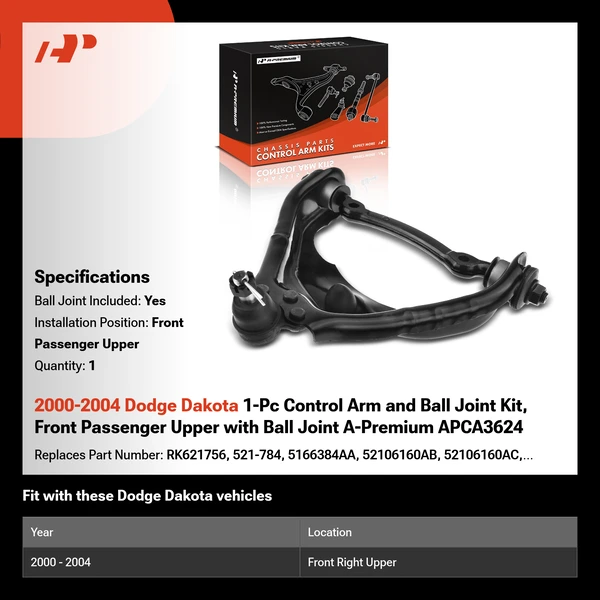 2000-2004 Dodge Dakota 1-Pc Control Arm and Ball Joint Kit, Front Passenger Upper with Ball Joint A-Premium APCA3624