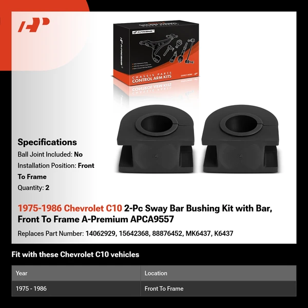 1975-1986 Chevrolet C10 2-Pc Sway Bar Bushing Kit with Bar, Front To Frame A-Premium APCA9557