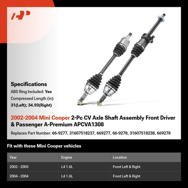 2002-2004 Mini Cooper 2-Pc CV Axle Shaft Assembly Front Driver & Passenger A-Premium APCVA1308