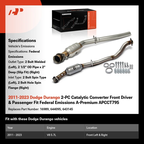 2011-2023 Dodge Durango 2-PC Catalytic Converter Front Driver & Passenger Fit Federal Emissions A-Premium APCCT795