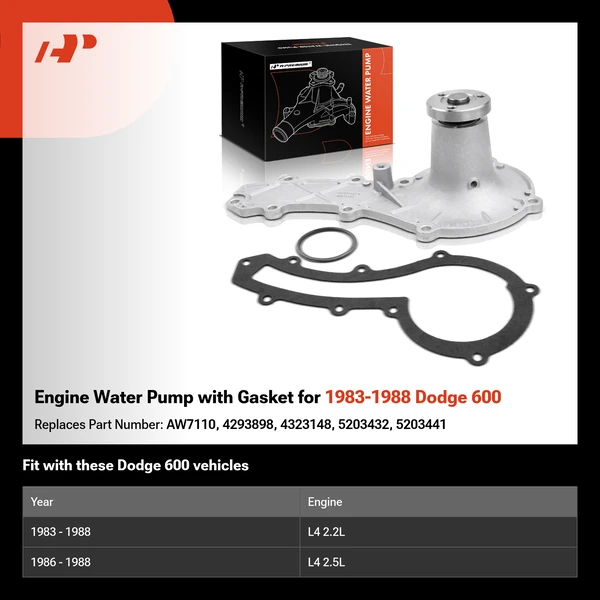 Engine Water Pump with Gasket for 1983-1988 Dodge 600