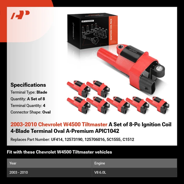 2003-2010 Chevrolet W4500 Tiltmaster A Set of 8-Pc Ignition Coil 4-Blade Terminal Oval A-Premium APIC1042