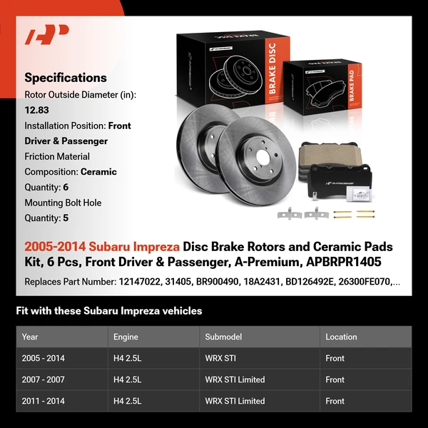 2005-2014 Subaru Impreza Disc Brake Rotors and Ceramic Pads Kit, 6 Pcs, Front Driver & Passenger, A-Premium, APBRPR1405