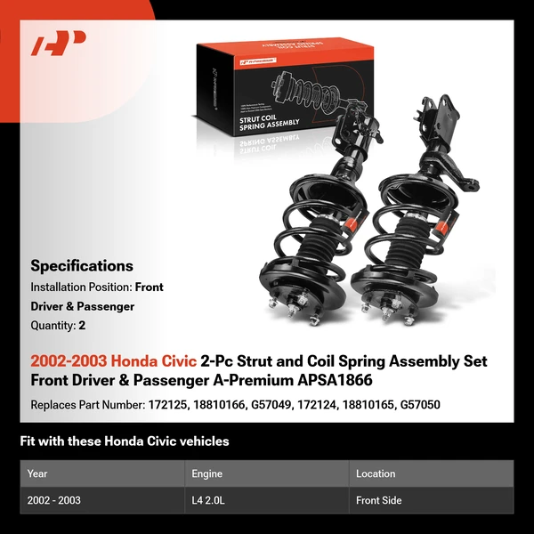 2002-2003 Honda Civic 2-Pc Strut and Coil Spring Assembly Set Front Driver & Passenger A-Premium APSA1866