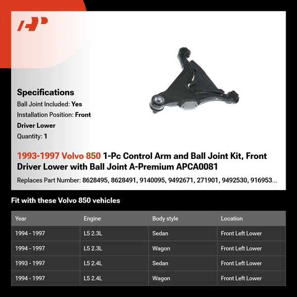 1993-1997 Volvo 850 1-Pc Control Arm and Ball Joint Kit, Front Driver Lower with Ball Joint A-Premium APCA0081