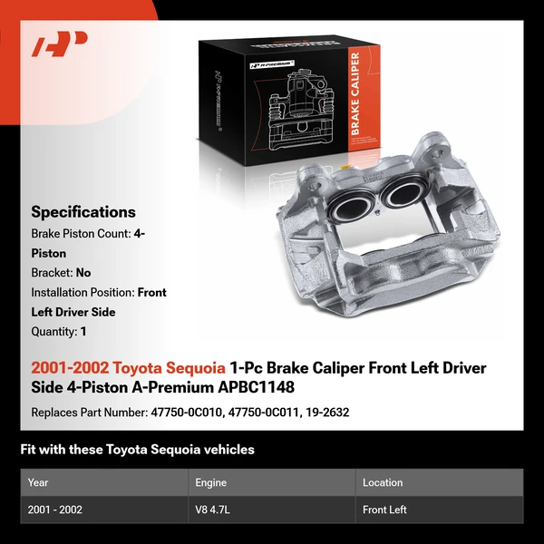 2001-2002 Toyota Sequoia 1-Pc Brake Caliper Front Left Driver Side 4-Piston A-Premium APBC1148