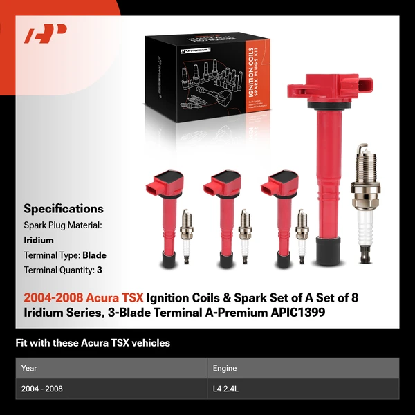 2004-2008 Acura TSX Ignition Coils & Spark Set of A Set of 8 Iridium Series, 3-Blade Terminal A-Premium APIC1399