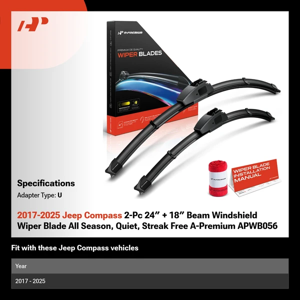 2017-2025 Jeep Compass 2-Pc 24″ + 18″ Beam Windshield Wiper Blade All Season, Quiet, Streak Free A-Premium APWB056