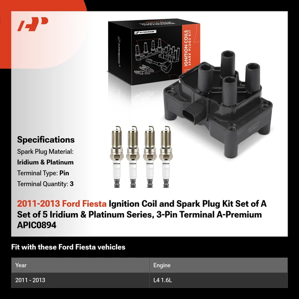 2011-2013 Ford Fiesta Ignition Coil and Spark Plug Kit Set of A Set of 5 Iridium & Platinum Series, 3-Pin Terminal A-Premium APIC0894