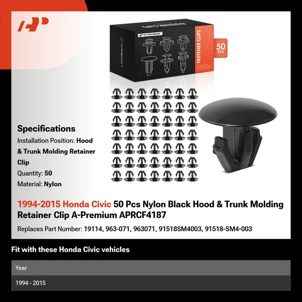 1994-2015 Honda Civic 50 Pcs Nylon Black Hood & Trunk Molding Retainer Clip A-Premium APRCF4187