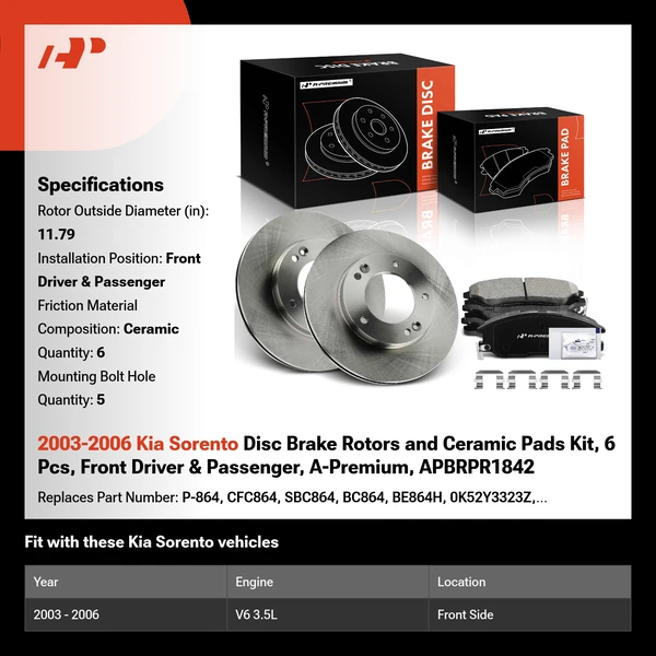 2003-2006 Kia Sorento Disc Brake Rotors and Ceramic Pads Kit, 6 Pcs, Front Driver & Passenger, A-Premium, APBRPR1842