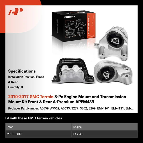 2010-2017 GMC Terrain 3-Pc Engine Mount and Transmission Mount Kit Front & Rear A-Premium APEM489
