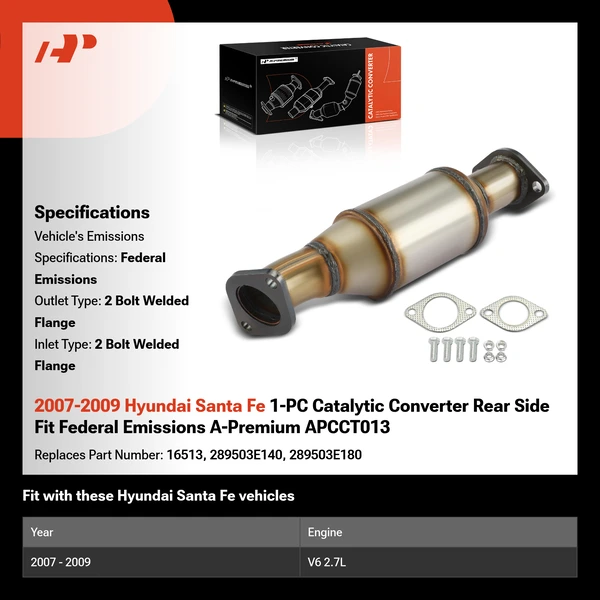 2007-2009 Hyundai Santa Fe 1-PC Catalytic Converter Rear Side Fit Federal Emissions A-Premium APCCT013