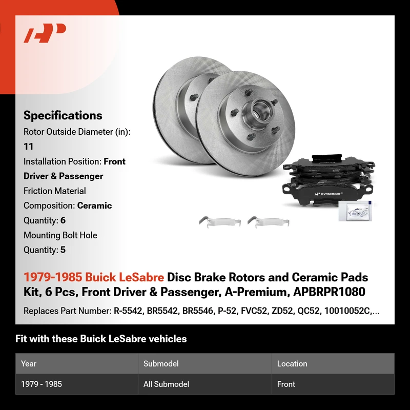 1979-1985 Buick LeSabre Disc Brake Rotors and Ceramic Pads Kit, 6 Pcs, Front Driver & Passenger, A-Premium, APBRPR1080