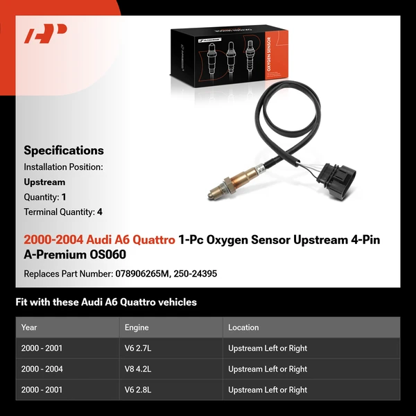 2000-2004 Audi A6 Quattro 1-Pc Oxygen Sensor Upstream 4-Pin A-Premium OS060