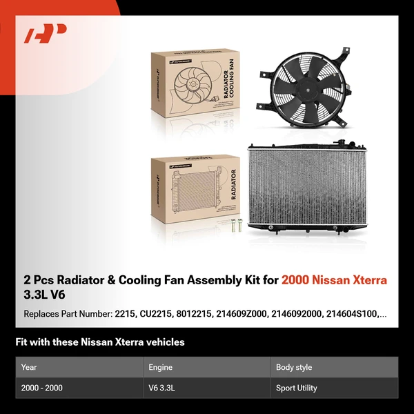 2 Pcs Radiator & Cooling Fan Assembly Kit for 2000 Nissan Xterra 3.3L V6