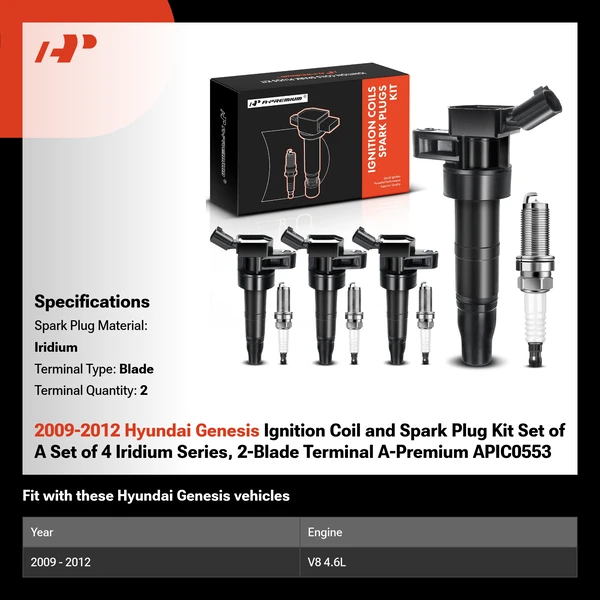 2009-2012 Hyundai Genesis Ignition Coil and Spark Plug Kit Set of A Set of 4 Iridium Series, 2-Blade Terminal A-Premium APIC0553
