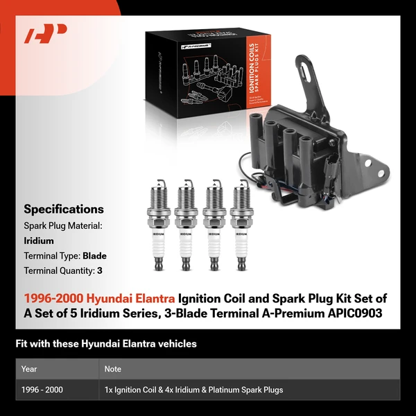 1996-2000 Hyundai Elantra Ignition Coil and Spark Plug Kit Set of A Set of 5 Iridium Series, 3-Blade Terminal A-Premium APIC0903