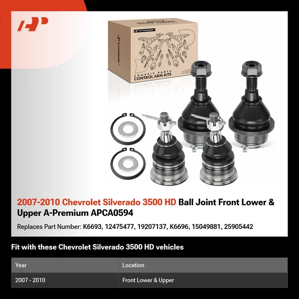 2007-2010 Chevrolet Silverado 3500 HD Ball Joint Front Lower & Upper A-Premium APCA0594