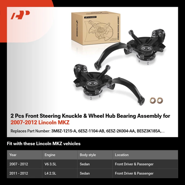 2 Pcs Front Steering Knuckle & Wheel Hub Bearing Assembly for 2007-2012 Lincoln MKZ