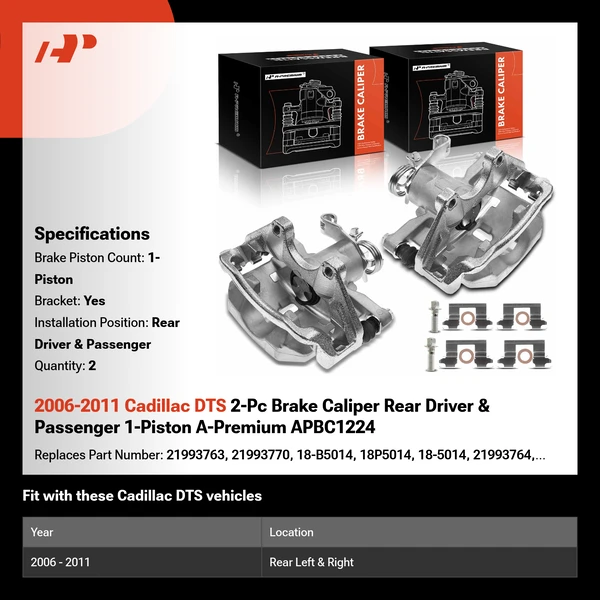 2006-2011 Cadillac DTS 2-Pc Brake Caliper Rear Driver & Passenger 1-Piston A-Premium APBC1224