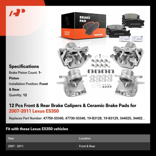 12 Pcs Front & Rear Brake Calipers & Ceramic Brake Pads for 2007-2011 Lexus ES350