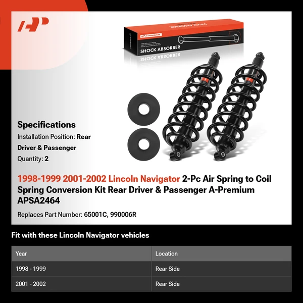 1998-1999 2001-2002 Lincoln Navigator 2-Pc Air Spring to Coil Spring Conversion Kit Rear Driver & Passenger A-Premium APSA2464