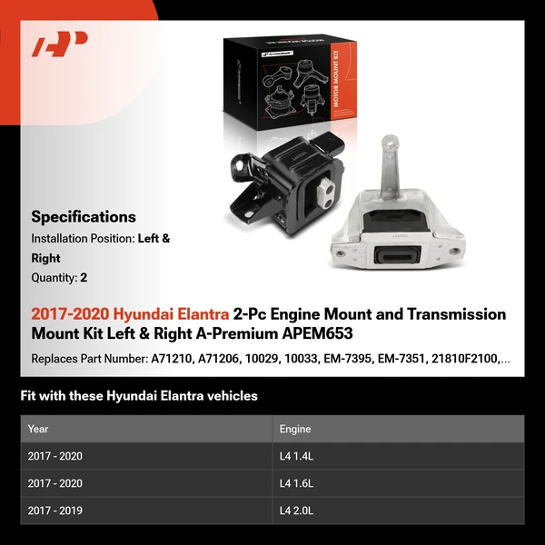 2017-2020 Hyundai Elantra 2-Pc Engine Mount and Transmission Mount Kit Left & Right A-Premium APEM653
